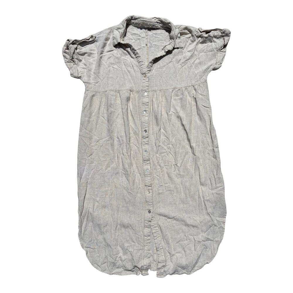 New In Oatmeal Full Button Linen Blend Midi Shirt Dress Sz L Casual Beach Resort